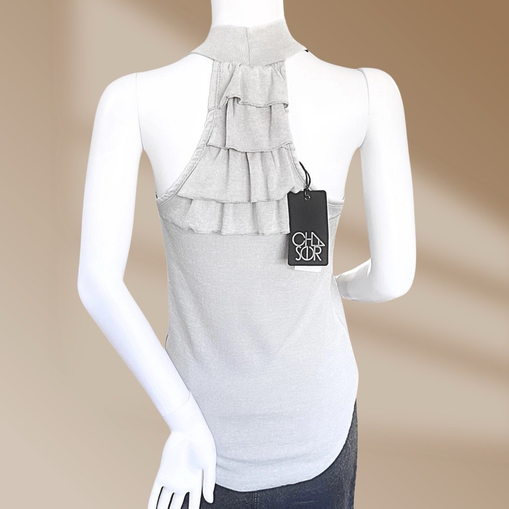 Chaser High Neck Halter Top Gray Ruffle Back Soft Ribbed  Knit Size Small NWT! - Picture 3 of 4